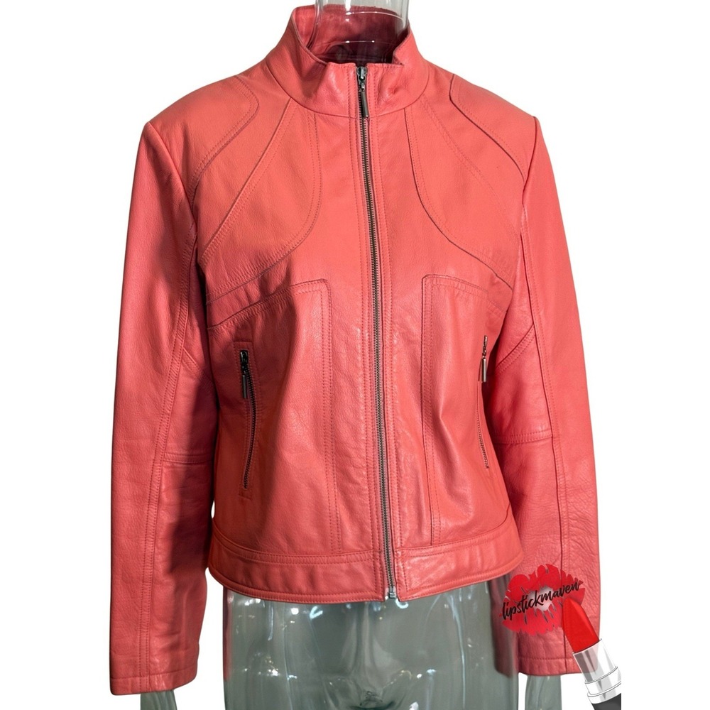 Wilsons Leather Maxima Moto Jacket Womens Large Orange Biker Collarless Zip Up